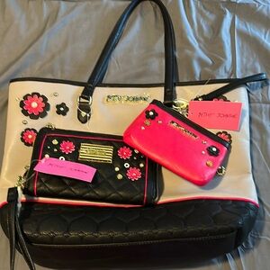 Betsey Johnson Black and Pink Floral Tote